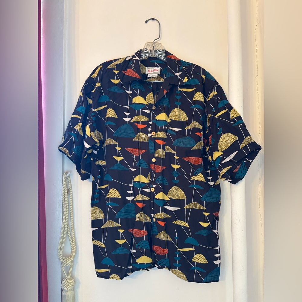 1990’s Nick & Nora Button Down Shirt Midcentury Rockabilly 50’s Print